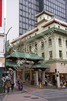 Entrance to Chinatown with modern office building in background at San Francisco, California.