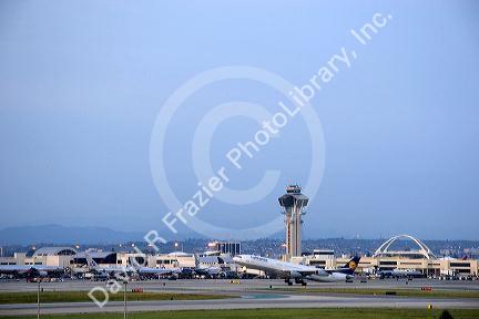 Airbus airplane taking off from LAX airport, Los Angeles, California.