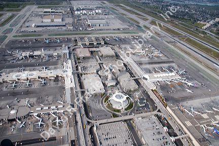 Aerial image of airplanes and runways at LAX airport, Los Angeles, California.