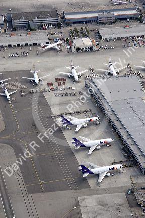 Aerial image of FedEx airplanes parked at LAX airport, Los Angeles, California.