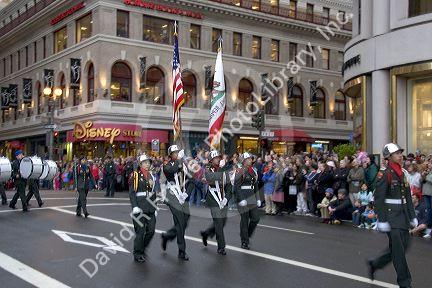 ROTC honor guard marches with the flags in the Chinese New Year Parade, San Francisco, California.