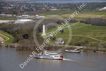 Creole Queen riverboat passing the site of the battle of New Orleans along the Mississippi River, Louisisana.
