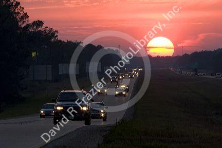 Traffic at sunset on Interstate 10 near Biloxi, Mississippi.
