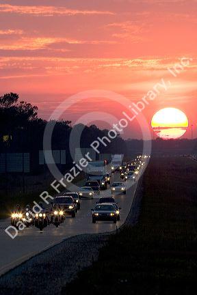 Traffic at sunset on Interstate 10 near Biloxi, Mississippi.
