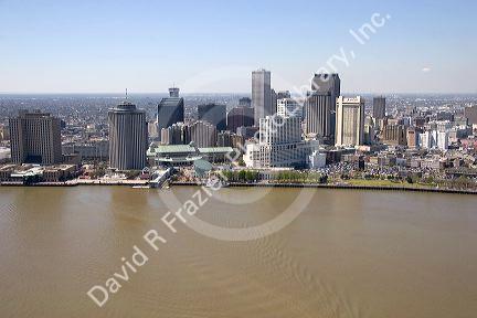 Aerial view of  riverfront and cityscape of New Orleans, Louisiana.