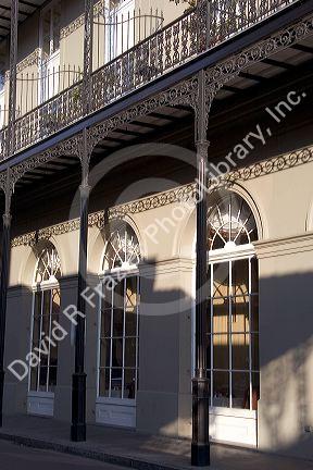 Shadows and wrought iron balconies in the French Quarter, New Orleans, Louisiana.