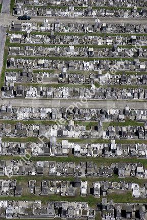 An aerial view of Metarie Cemetery in New Orleans, Louisiana with above ground graves.