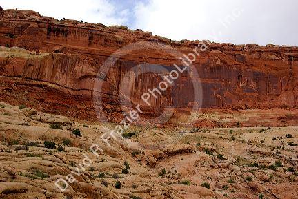 Rock cliffs at entrance to Arches National Park near Moab, Utah.