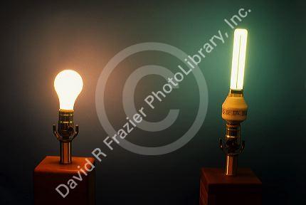 Fluorescent light bulb on the right and tungsten light bulb on the left.