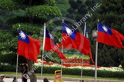 Taiwan flags flying at Chiang Kai-Shek Memorial in Taipei, Taiwan.