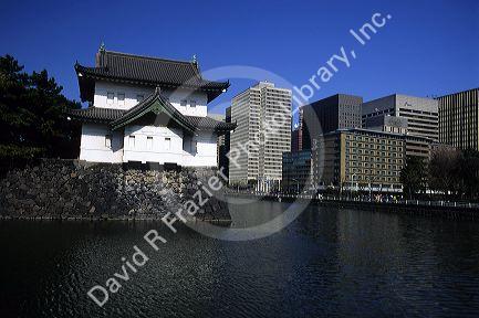 Imperial Palace and modern buildings in Tokyo, Japan.