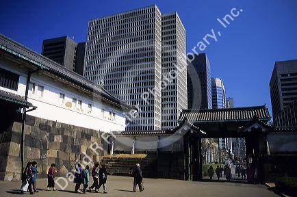 Imperial Palace and modern buildings in Tokyo, Japan.