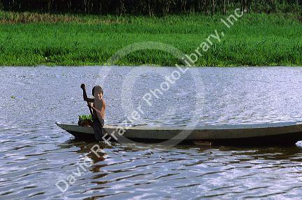 Brazillian boy paddles a canoe on the Amazon River, Brazil.