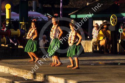Young girls dressed in traditional clothes, perform the hula dance in Kauai, Hawaii.