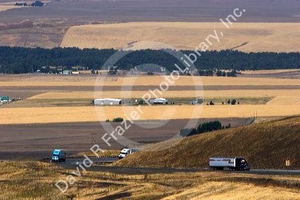 Trucks going up Cabbage Hill near Pendleton, Oregon on Interstate 84.