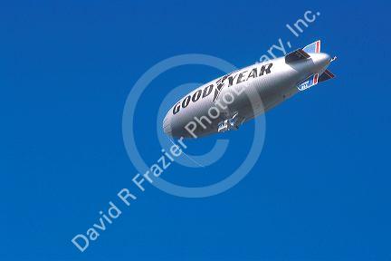 Goodyear blimp filled with helium in flight.