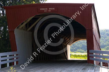 A red covered bridge in Madison County, Iowa.