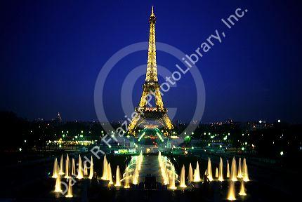 The Eiffel Tower at night in Paris, France.