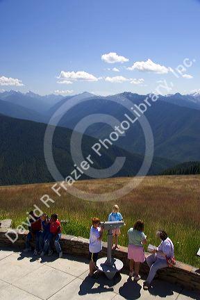 View of the Olympic Mountains and Olympic National Park from the patio of the visitor's center at Hurricane Ridge.