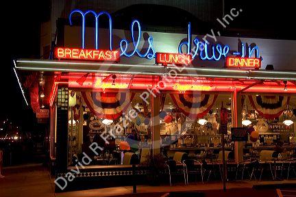 Neon lights on the exterior of Mels Drive-in. A chain restaurant in San Francisco, California.