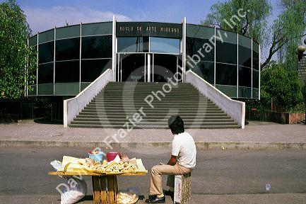 A street vendor sits in front of the Museum of Modern Art in Mexico City, Mexico.