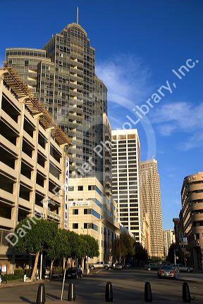 Modern office buildings in San Francisco, California. Variety of architecture styles.