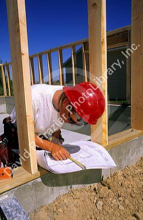 A framing carpenter examines building blue prints on a construction site.