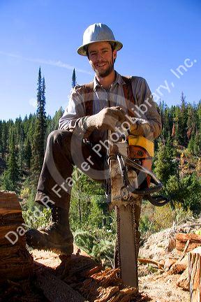 Portrait of a lumberjack at a logging operation in the Boise National Forest, Idaho. (Model released)