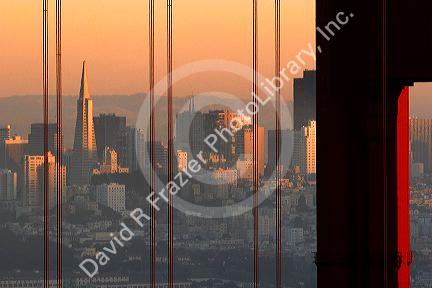 A view of San Francisco and the Transamerica pyramid tower through the cables of the Golden Gate Bridge, California.