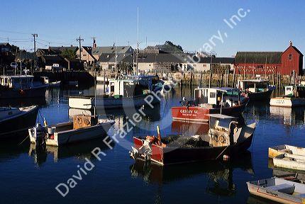 A harbor with fishing boats in the fishing village at Rockport, Massachusetts.