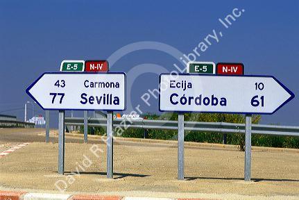 Highway direction signs along N-IV in Spain.