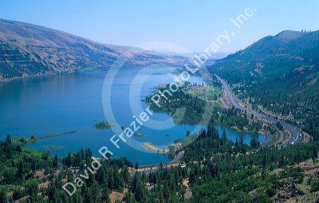 Columbia River Gorge in Oregon looking east from Rowena Crest with Interstate-84 at right.