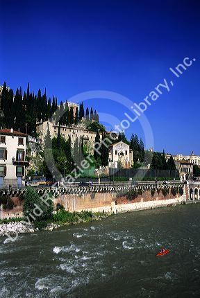 A kayak on the Adige River in Verona, Italy.