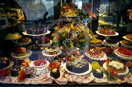 A window display of pastries at a bakery in Rome, Italy.