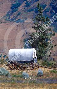 A covered wagon sits on display at the Wasco County Museum near The Dalles, Oregon.