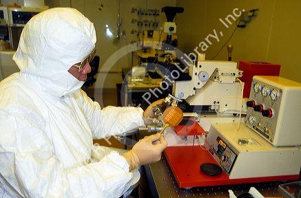 Computer chip research in the thin film cleanroom lab at Dupont in Wilmington, Delaware.