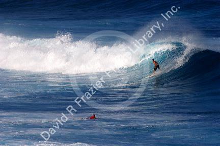 Surfing on waves in the pacific ocean off the island of Maui, Hawaii.