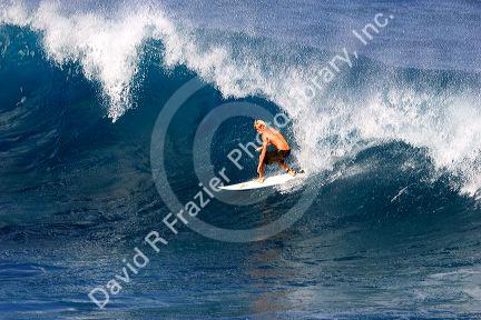 Surfing on waves in the pacific ocean off the island of Maui, Hawaii.