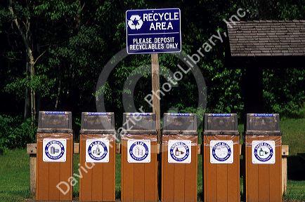 Recycling bins at Wisconsin highway rest area.