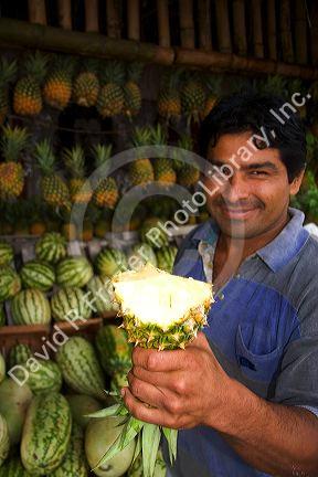 Man holds a cut pineapple at a produce stand in rural Argentina.