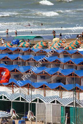 Cabanas and beach scene at Mar del Plata, Argentina.