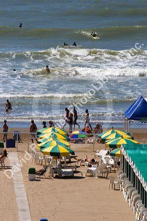 Cabanas and beach scene at Mar del Plata, Argentina.