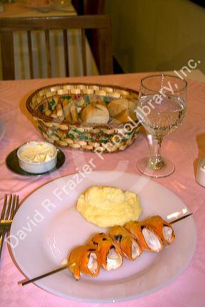 Table setting and dinner at a restaurant in Argentina.