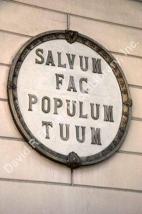 Sign in Latin on the Metropolitan Cathedral in Buenos Aires, Argentina.