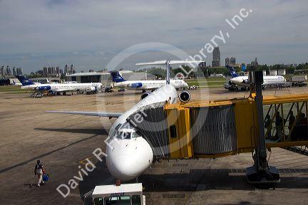 Airplanes at the downtown Aeroparque airport in Buenos Aires, Argentina.