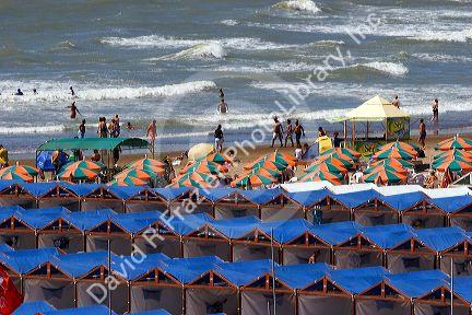 Ros of cabanas and beach scene at Mar del Plata, Argentina.