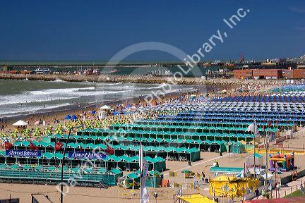 Cabanas and beach scene at Mar del Plata, Argentina.