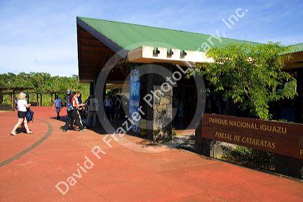 Iguazu National Park sign and information center at main entrance in Argentina.
