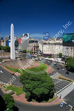 Overview of 9th of July Avenue in Buenos Aires, Argentina at Plaza de la Republica with the Obelisk.