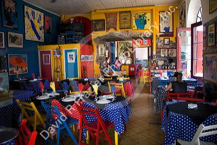 Interior of a colorful cafe in Colonia, Uraguay.